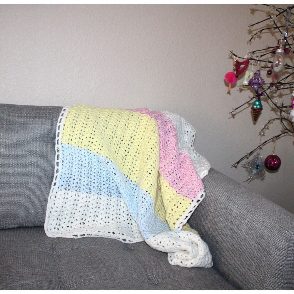 Crochet Baby Blanket Handmade Afghan Pastel Striped Crib Throw 36x34